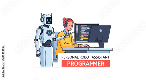 Programmer and AI robot assistant collaborate on software; modern vector illustration of future tech, clean lines