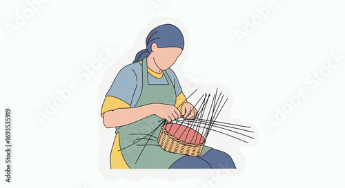 Crafting Tradition Woman Weaving a Basket in a Detailed Vector Illustration