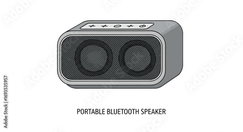 Clean line vector illustration of a modern portable wireless speaker, designed in a flat style on a white background, perfect for technology concepts and audio devices