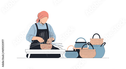 Artisan woman engaged in the traditional craft of basket weaving. A minimal flat vector illustration with clean shapes and a muted color palette