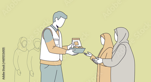 Illustrative Depiction of a Humanitarian Aid Worker Distributing Essential Supplies to Women