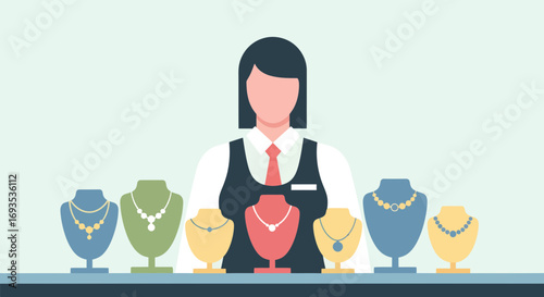 Jewelry Store Clerk with Display of Necklaces A Vector Illustration