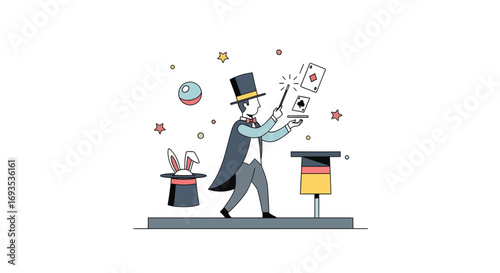 Flat vector illustration of a magician on stage performing a magic card trick with a rabbit in a top hat and wand. Minimal modern design