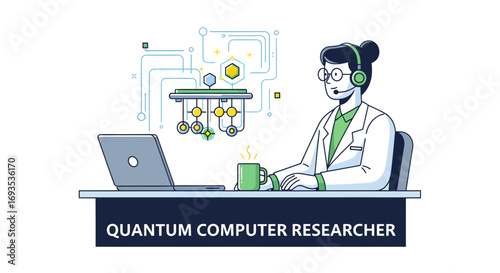 Vector illustration of a dedicated quantum computer researcher diligently working on complex computational challenges and innovative technological advancements