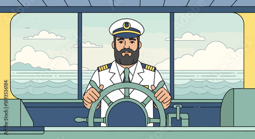 Marine captain with a beard steering a vessel on the ocean waves, a modern flat vector illustration for travel and transport concepts