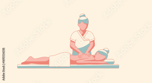 Flat vector illustration of a professional masseuse giving a relaxing back massage to a woman at a spa, minimal modern design
