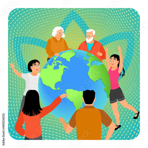 International Solidarity Concept. Diverse People Unity Around a Global Icon of Earth.
