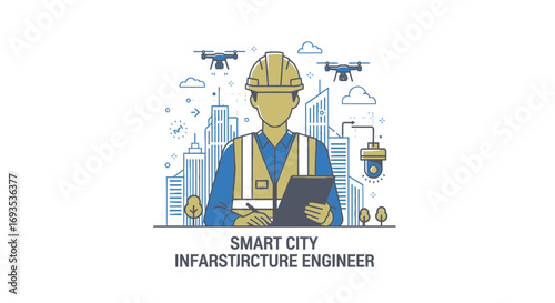 Vector illustration of a smart city infrastructure engineer overseeing urban development with drones and digital technology, representing modern city planning and connectivity