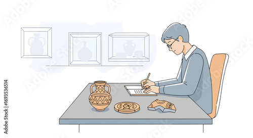 Museum curator meticulously documents ancient pottery and artifacts on a notepad, showcasing a minimalist and modern artistic style