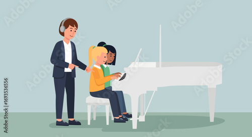 Music Teacher Guiding Piano Students A Minimalist Illustration