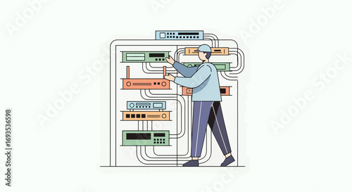 IT technician working on server rack, network administrator, computer maintenance, technology support