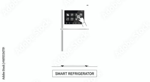 Vector illustration of a smart refrigerator with an interactive touch screen, showcasing modern kitchen appliance technology and features in a clean, minimalist design on a white background