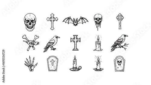 Spooky fun Halloween vector icons collection featuring grinning pumpkins, eerie bats, witch hats, and scary skulls, perfect for festive graphic designs and seasonal projects