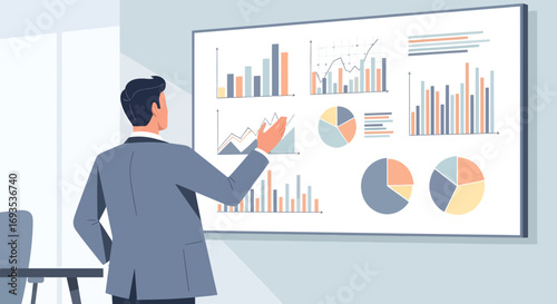 Flat vector illustration of a businessman presenting financial data analytics with charts and graphs on a digital screen