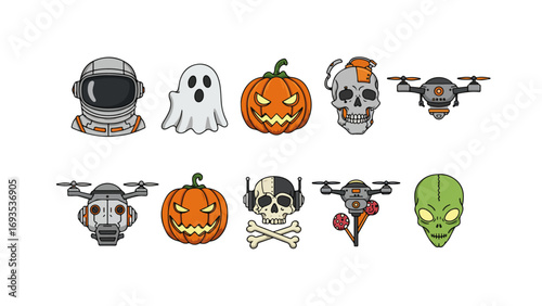 Set of futuristic Halloween icons and stickers. A creative mix of spooky characters like ghosts and aliens with technology like drones and cyber skulls