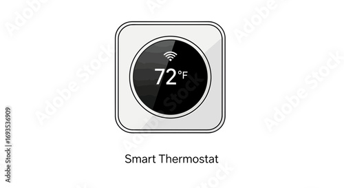 Vector illustration of a modern smart thermostat with a digital display and Wi-Fi connectivity, presented in a clean, flat design style isolated on a white background