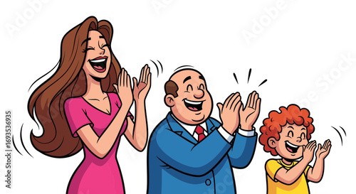 Cartoon family of three, a man, woman, and child, happily clapping their hands in celebration or applause. Vector illustration isolated on a white background