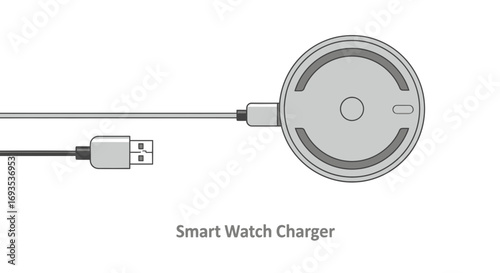 A clean and modern flat design vector illustration of a smartwatch wireless charging puck with its USB cable. Gadget accessory for wearable technology on a white background