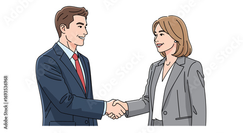 Vector illustration of a professional businessman and businesswoman shaking hands after a successful deal or meeting, symbolizing partnership and agreement on a white background