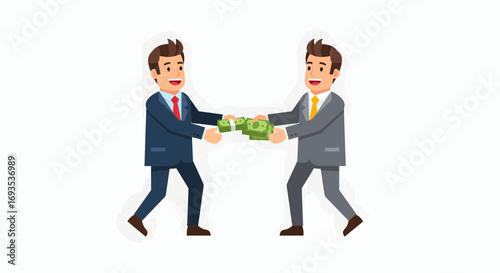 Businessmen exchanging money with smiles illustration