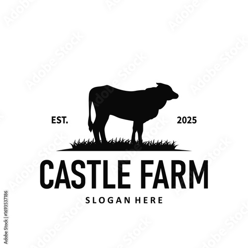 Livestock farm design concept cow logo with black silhouette of cow, design for farm, farmer, brand, business and poster template as icon symbol illustration