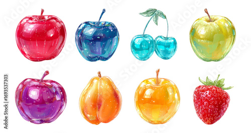 Colorful Fruit Illustrations with Glossy Finish on Transparent Background
