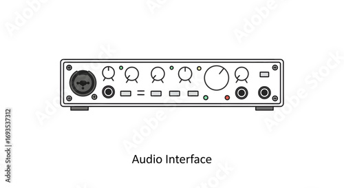 Flat vector illustration of a digital sound recording interface front panel, with inputs and controls, isolated on a white background using a clean line art style