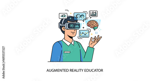 Vector illustration of a futuristic educator using an augmented reality headset for immersive learning and virtual teaching, flat design on white background