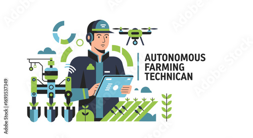 Autonomous Farming Technician Vector Illustration in Flat Design with Drone and Agricultural Technology