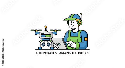 Autonomous Farming Technician Illustration with Drone and Tablet