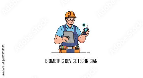 Biometric Device Technician Holding Tablet and Scanner, Vector Illustration