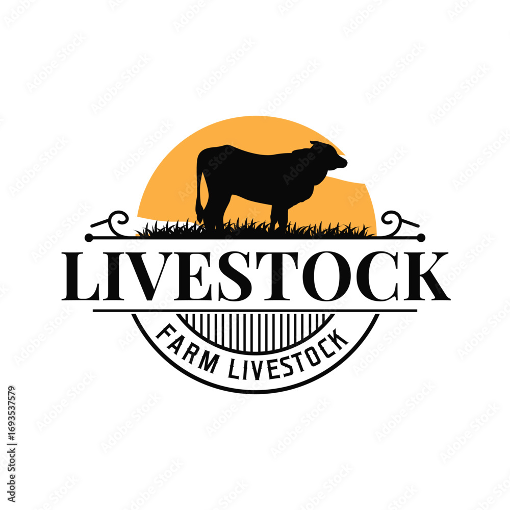 Obraz premium Livestock farm design concept cow logo with black silhouette of cow, design for farm, farmer, brand, business and poster template as icon symbol illustration