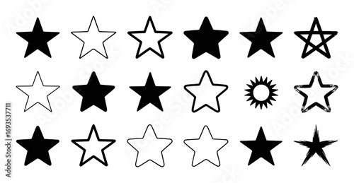Collection of Diverse Star Icons and Symbols on White Background