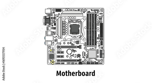 Vector illustration of a computer motherboard component. Simple flat design with clean lines isolated on a white background