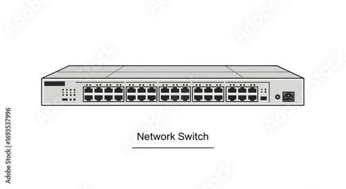 Vector illustration of a network switch with multiple ports, depicted in a simple flat design with clean lines on a white background