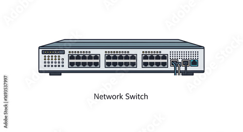 Illustration of a high-performance network switch with multiple Ethernet ports for seamless data transfer