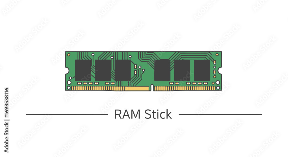 Vector illustration of RAM memory module, a vital computer component, on a clean white background, showcasing flat design and clean lines
