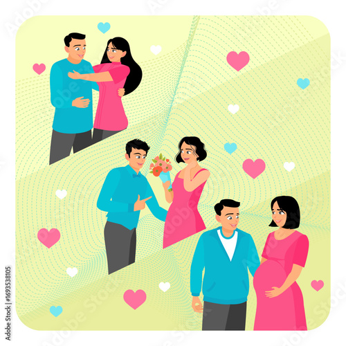 Growing family life stages concept. Love couple relationship development.