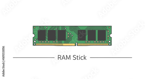 Vector illustration of RAM memory module, a vital computer component, on a clean white background, showcasing flat design and clean lines