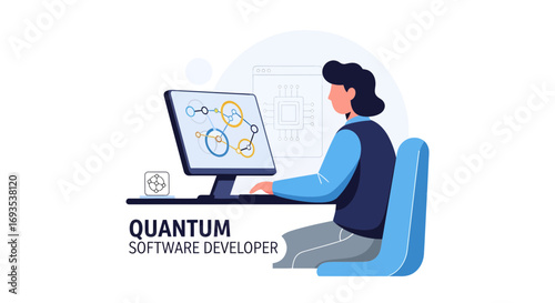 Vector illustration of a quantum software developer working on a computer, isolated on a white background. Flat design concept for technology and science