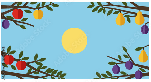 Fruit trees frame a yellow sunlike shape against a blue backdrop
