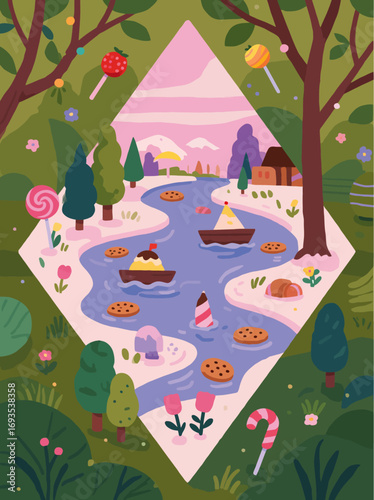 Whimsical River Scene with Sweet Treats and Colorful Nature