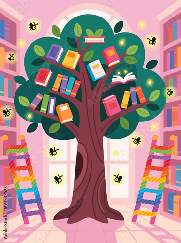 A whimsical illustration of a tree laden with books, nestled in a vibrant, pink library.