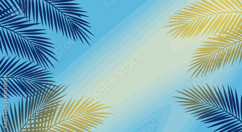 Illustrated blue sky with palm tree fronds framing a bright central area