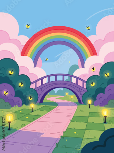 Enchanting pathway under a rainbow, perfect for children's books or whimsical designs.