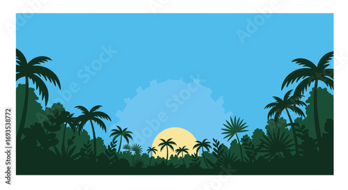 Jungle scene with palm trees silhouetted against a blue sky with a sun