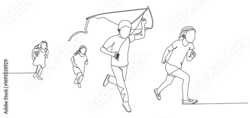 continuous line of a group of small children running around playing kites