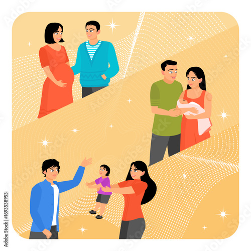 Growing Family Life Stages Concept. Depicting Pregnancy, Newborn, and Becoming Parents.