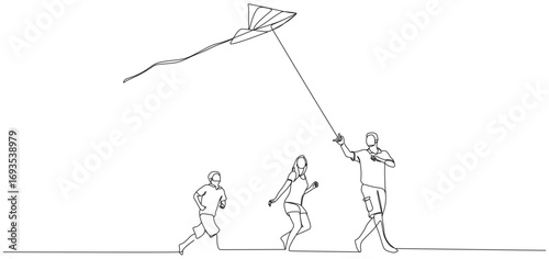 continuous line, a family, father and mother, children playing kites happily eps 3