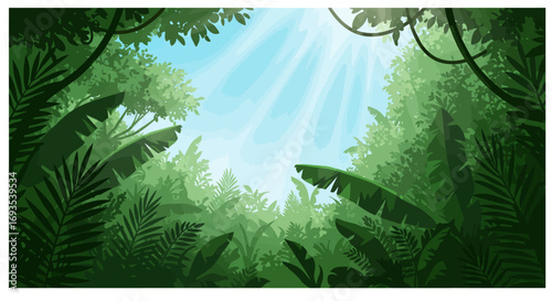 Lush green jungle canopy with various leaves ferns and sunlight streaming through